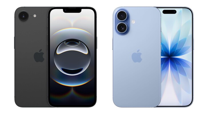De Apple iPhone 16e (links op de foto) heeft merkbaar dikkere schermranden dan de iPhone 17 (rechts op de foto).