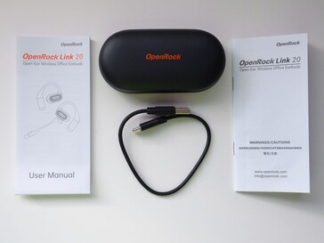 Inhoud - OpenRock Link 20 oortelefoon in oplaadetui, USB-C oplaadkabel en documentatie. (Afbeeldingsbron: Notebookcheck)