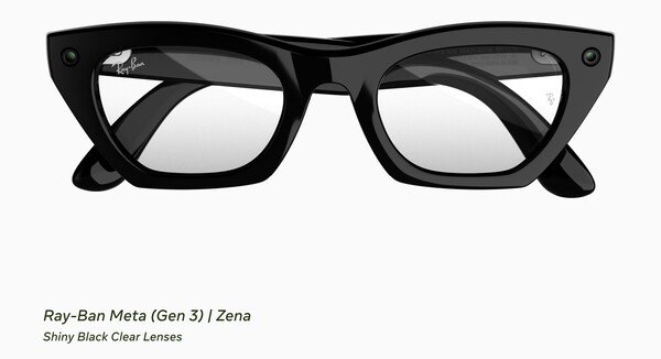 De Ray-Ban Meta (Gen 3) Zena met een glanzend zwart montuur en heldere glazen.