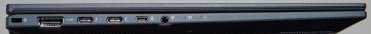 Poorten aan de linkerkant: Kensington slot, HDMI, 2x Thunderbolt 4, mini gigabit LAN, headset