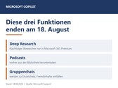 Afbeelding met een overzicht van de drie Copilot-functies: Deep Research, Podcasts en groepschats, die op 18 augustus 2026 aflopen