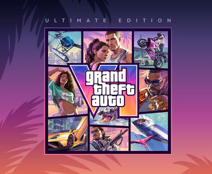 Artwork van de Ultimate Edition van Grand Theft Auto VI met GTA 6-personages, voertuigen en het gamelogo.