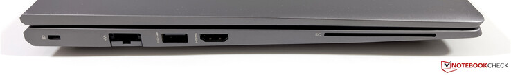 Links: Kensington Nano Security Slot, Ethernet, USB-A 3.2 Gen.1 (5 Gbps, powered), HDMI 2.0b, SmartCard lezer