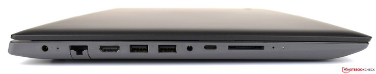 Linkerkant: stroomvoorziening, Gigabit-Ethernet, HDMI, 2x USB 3.1 Gen 1 (Type-A), gecombineerde audiopoort, USB 3.1 Gen 1 (Type-C), geheugenkaartlezer (SD), Novo key, status LED