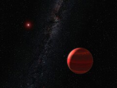 Een artistieke illustratie van een exoplaneet en een rode dwergster.