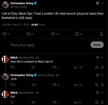 Call of Duty: Black Ops 7 verkoop in Groot-Brittannië (Afbeelding bron: screenshot, Christopher Dring X account)
