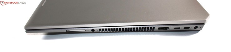 Rechts: SD-kaartlezer, combo-audio, HDMI, 2x USB C / Thunderbolt 3, oplaadpoort
