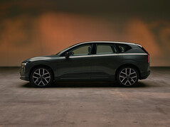 Het zijaanzicht van de nieuwe Volvo EX60 benadrukt de dynamische verhoudingen van deze elektrische SUV uit het topsegment.
