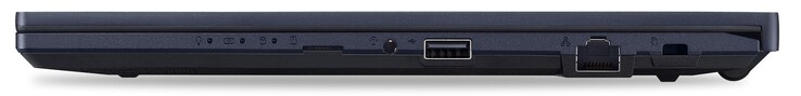 Rechterzijde: microSD-kaartlezer, gecombineerde audio-aansluiting, 1x USB-A 2.0, GigabitLAN, Kensington-slot