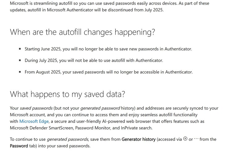 Schermafbeelding van Microsoft Authenticator-wachtwoordopslagwijzigingen. (Afbeeldingsbron: Microsoft)
