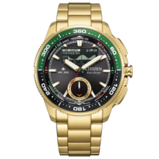 Productafbeelding van de voorzijde van de goudkleurige Citizen Promaster Wave Tracker JV3002-51E met groene bezelaccenten en een roestvrijstalen horlogeband.