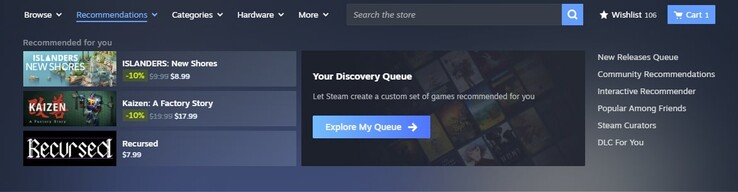 Het nieuwe aanbevelingsgebied is gebaseerd op factoren zoals speeltijd, eerdere aankopen en aanbevelingen van vrienden. (Afbeeldingsbron: Steam)
