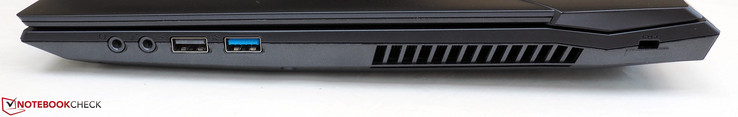 rechts: hoofdtelefoonaansluting, microfoonaansluting, USB-A 2.0, USB-A 3.1 Gen1, Kensington Lock