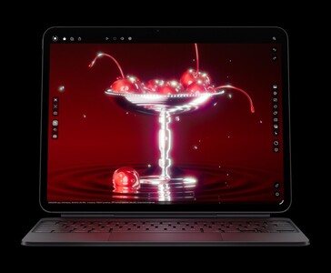 Apple iPad Pro M5 met Magic Keyboard toont een 3D-render van kersen, waarop het Ultra Retina XDR OLED-beeldscherm en de M5-chip te zien zijn (Afbeeldingsbron: Apple)
