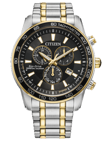 Citizen Classic Eco-Drive-chronograaf met een zwarte wijzerplaat, een tweekleurige roestvrijstalen kast en armband van 44 mm, een tachymeterring, drie subwijzerplaten en een datumvenster.
