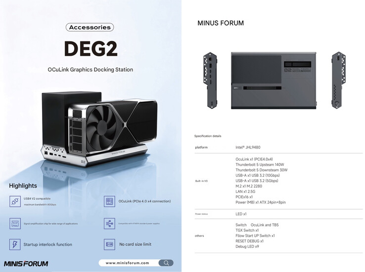De belangrijkste specificaties van de DEG2 eGPU dock (Afbeelding bron: Minisforum - machine vertaald)