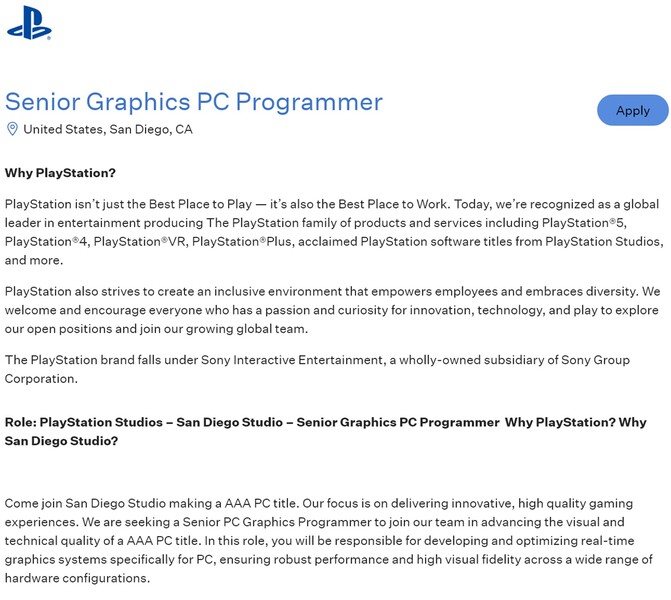 Sony San Diego Studio personeelsadvertentie wordt getoond (Afbeelding bron: screenshot, Greenhouse)