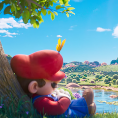 Op een rustig moment voor het kosmische avontuur dut Mario in onder een technicolor boom. Dit is de stilte voor de interstellaire storm in The Super Mario Galaxy Movie.