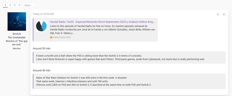 Switch 2 en PS5 consoleverkoop in Spanje van Vandal podcast (Afbeelding bron: screenshot, Smitch@ResetEra forums)