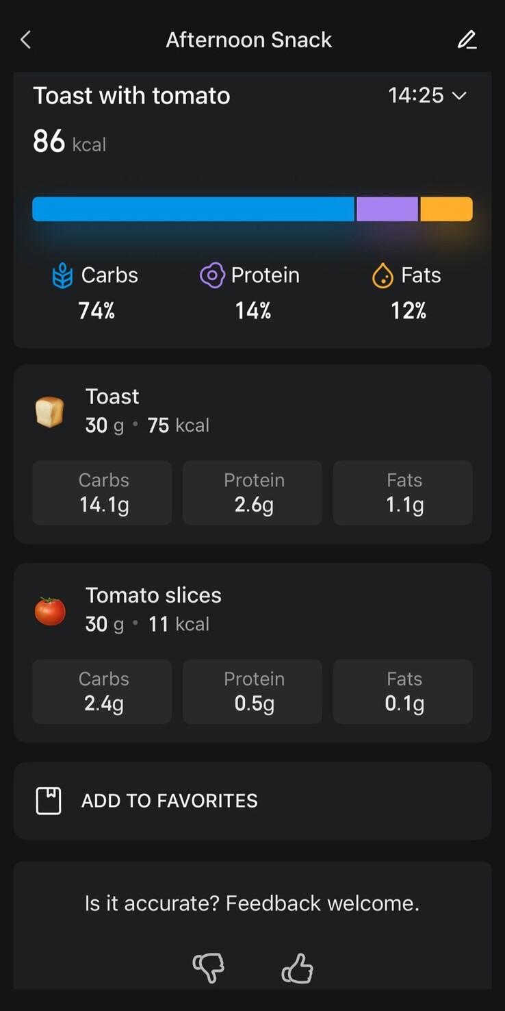 Een screenshot van de bijgewerkte Food Log-functie in de Zepp App. (Afbeeldingsbron: Zepp App)