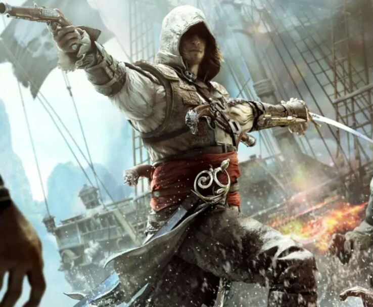 Edward Kenway in Assassin's Creed IV: Black Flag zwaait met zwaard en pistool tijdens een zeegevecht (Afbeelding bron: Ubisoft)