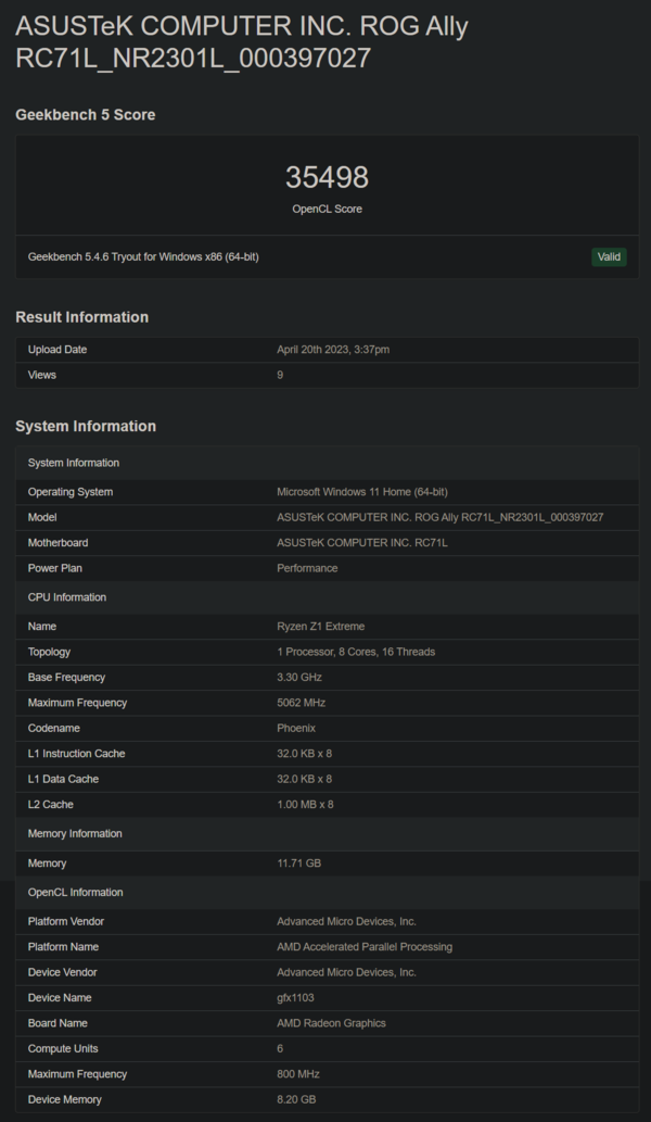 Asus ROG Ally op Geekbench (afbeelding via Geekbench)