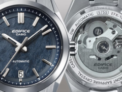Afgebeeld - de Casio EFK-100D-2A met een wijzerplaat met blauwe structuur en de doorzichtige achterkant ten behoeve van het mechanische uurwerk. (Afbeeldingsbron: Casio)