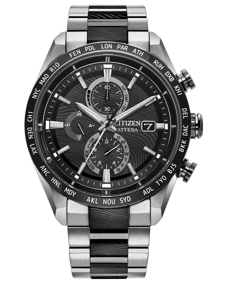 De highlights van de wijzerplaat zijn onder andere aangebrachte markeringen, drievoudige subdials en wereldwijde tijdzonemarkeringen rond de lunette.