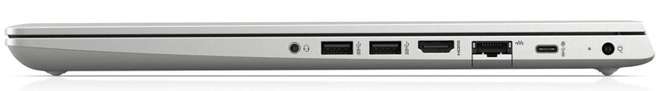 Rechterkant: 3.5 mm poort, 2x USB 3.1 Gen1 Type-A, HDMI, Gigabit LAN, 1x USB 3.1 Gen1 Type-C, status LED, stroomaansluiting