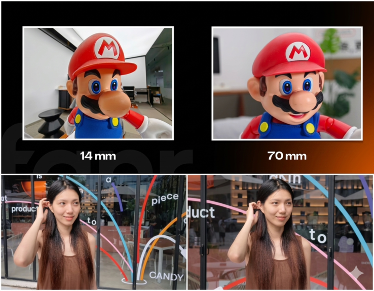 Het verschil in vervorming is enorm - 1x (links) vs 3x zoom (rechts).