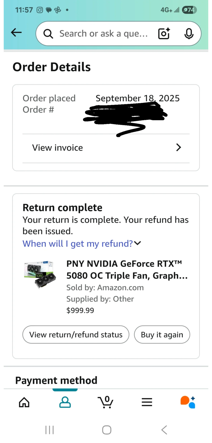 Een screenshot van de nu succesvolle Amazon-teruggave (bron: r/pcmasterrace)