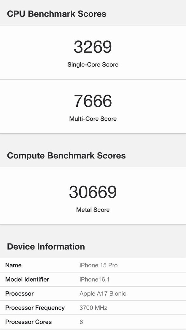 Vermeende Apple A17 Bionic Geekbench notering (afbeelding via @Naveen_tech_wala op Twitter)