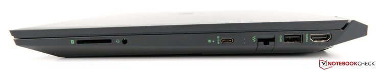 Rechts: SD-kaartlezer, 3.5-mm gecombineerde audio-klink, one USB Type-C poort (5 Gbit/s; DisplayPort 1.4 over USB), Gigabit RJ-45 poort, één USB 3.1 Gen. 1 poort, HDMI 2.0 output