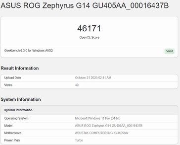 Intel Panther Lake iGPU OpenCL score op Geekbench (slechtste score). (Afbeeldingsbron: Geekbench)
