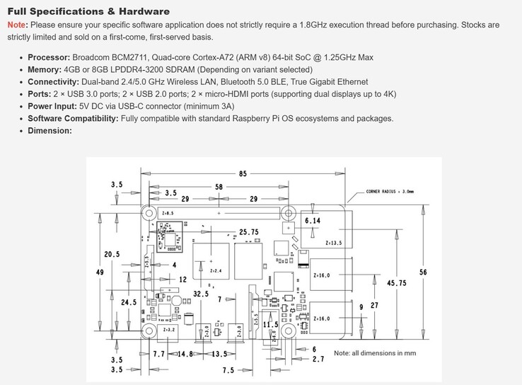 Technische specificaties van de uit de handel genomen Pi 4 Model B