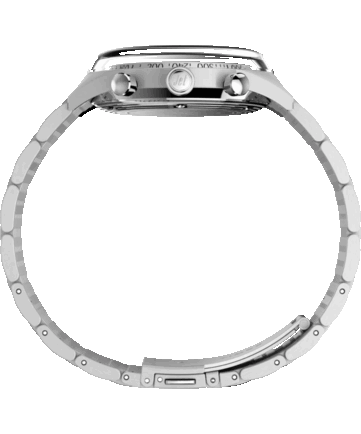 Zijaanzicht van de Timex Marlin Jet Chronograph, met het grote, gewelfde Hesalite-glas, de tachymeterring, de roestvrijstalen kast, de kroon en de chronograafknoppen.