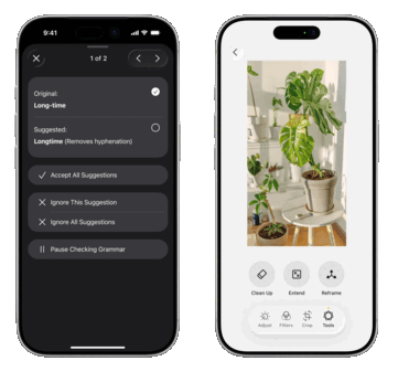 Een grammaticacontrole (links) zou één van de nieuwe AI-gestuurde schrijffuncties kunnen zijn die Apple gepland heeft, terwijl de Foto's-app meer concurrerend zal worden met AI-gestuurde bewerkingsopties.