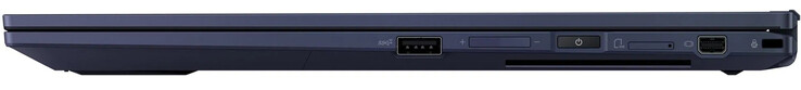 Rechterzijde: USB 3.2 Gen 2 (Type-A), volumeknop, aan/uit-knop/vingerafdruklezer, SIM-kaartsleuf, Mini DisplayPort, kabelvergrendelingssleuf, smartcardlezer (onderrand)