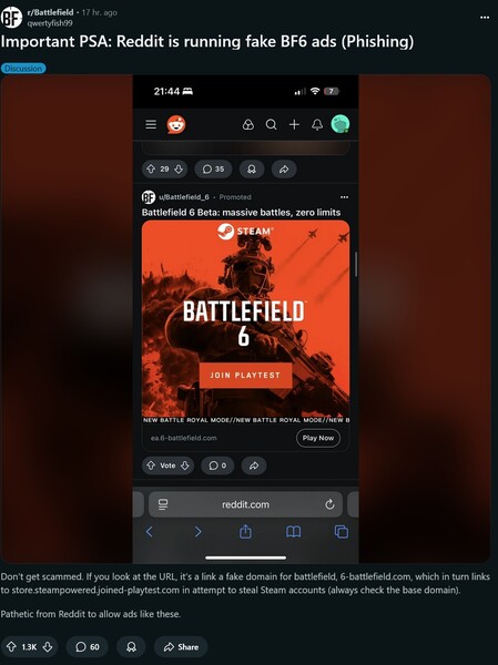 Battlefield 6 Reddit advertentiezwendel wordt getoond (Afbeelding bron: screenshot, Battlefield subreddit)