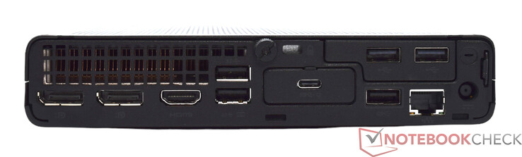 Achterkant: 2x DisplayPort 1.4, HDMI 2.1, 3x USB Type-A 10 Gbit/s, 2x USB Type-A 2.0, USB Type-C 10 Gbit/s, RJ45 GBit-LAN, voedingsaansluiting
