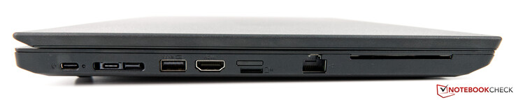 Links: USB Type-C Gen2, side-dock-connector (USB Type-C Gen1 & networking), USB 3.1 Type-A, HDMI 1.4b, nano-SIM-kaartsleuf, microSD-kaartlezer, RJ45 LAN, Smart Card-lezer