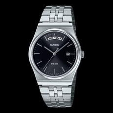 Casio MTP-B146D-1AV roestvrijstalen horloge met een zwarte wijzerplaat met sunburst-patroon en een zilveren armband,