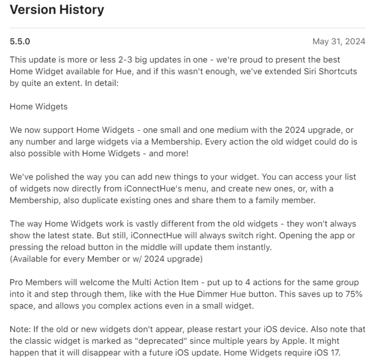 De release notes voor versie 5.5.0 van de iConnectHue voor Philips Hue app. (Afbeeldingsbron: App Store)