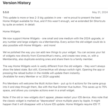 De release notes voor versie 5.5.0 van de iConnectHue voor Philips Hue app. (Afbeeldingsbron: App Store)