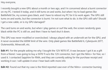 Storing in de 12VHPWR-connector van de Sapphire Nitro RX 9070 XT. (Afbeeldingsbron: r/pcmasterrace op Reddit)
