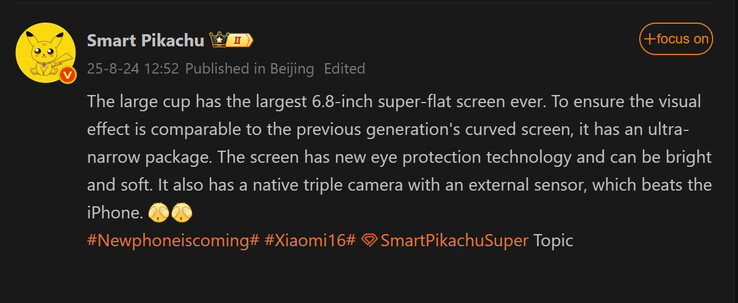 Smart Pikachu's verslag over de Xiaomi 16 Pro (Afb. bron: Weibo - machine vertaald)