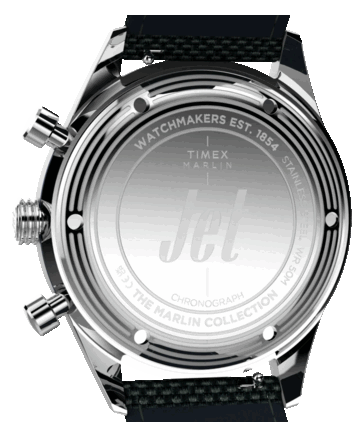 Achteraanzicht van de Timex Marlin Jet Chronograph met de roestvrijstalen kastbodem