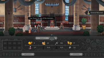 Een afbeelding waarop een gameplaysequentie in Yes, Your Grace te zien is.
