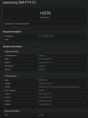 Galaxy Z Flip6 OpenCL scores (afbeelding via Geekbench)