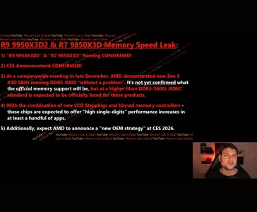 Slide uit Moore's Law Is Dead-video met samenvatting van lekken rond AMD Zen 5 X3D CPU's, inclusief gemelde DDR5-9800 geheugentests en CES 2026-plannen (bron: Moore's Law Is Dead / YouTube)